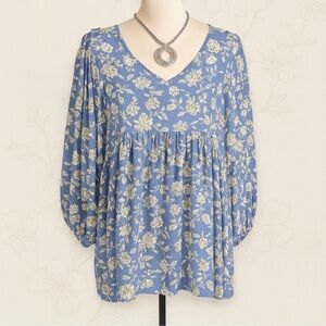 Blue Floral Rayon Babydoll Blouse | V-Neck Long Sleeve | L | Boutique NWT